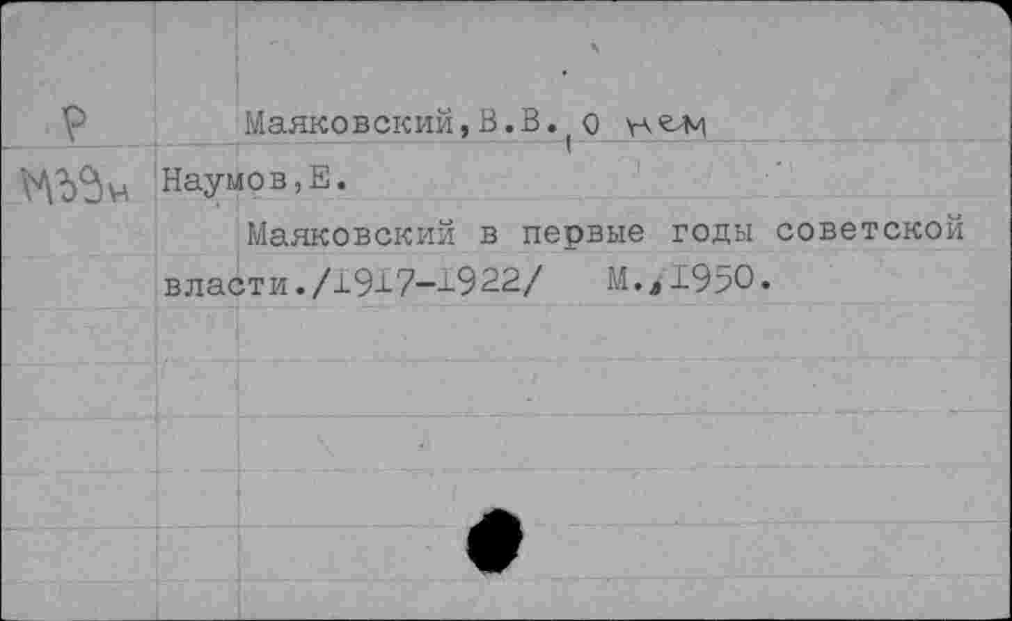 ﻿Маяковский,В.В.(о улгли Наумов,Е.
Маяковский в первые годы советской власти ./±917-2922/	М.д19>0«